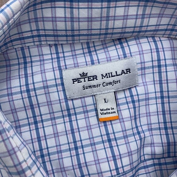 Peter Millar Shirt Men Large Blue Pink Check Plaid Summer Comfort Nylon Stretch - Picture 3 of 11